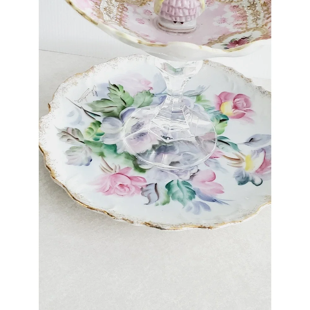 Trinket Dish Pink Floral Figurine Tiered Jewelry Stand Vintage Gold Gilt Shabby